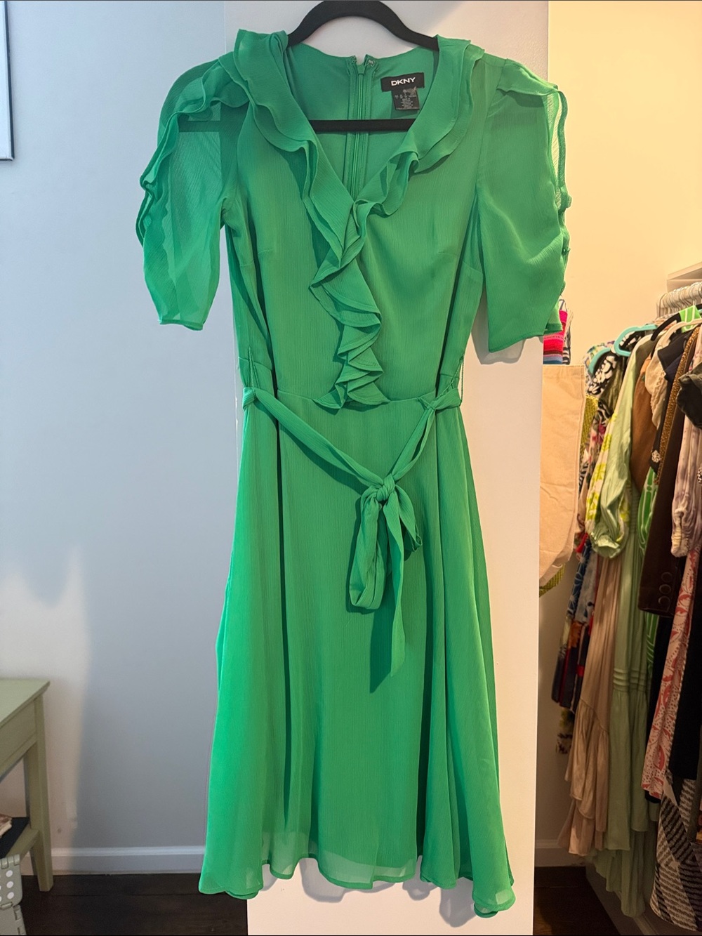 DKNY Emerald Green Ruffle V-Neck Midi Dress with Self Tie